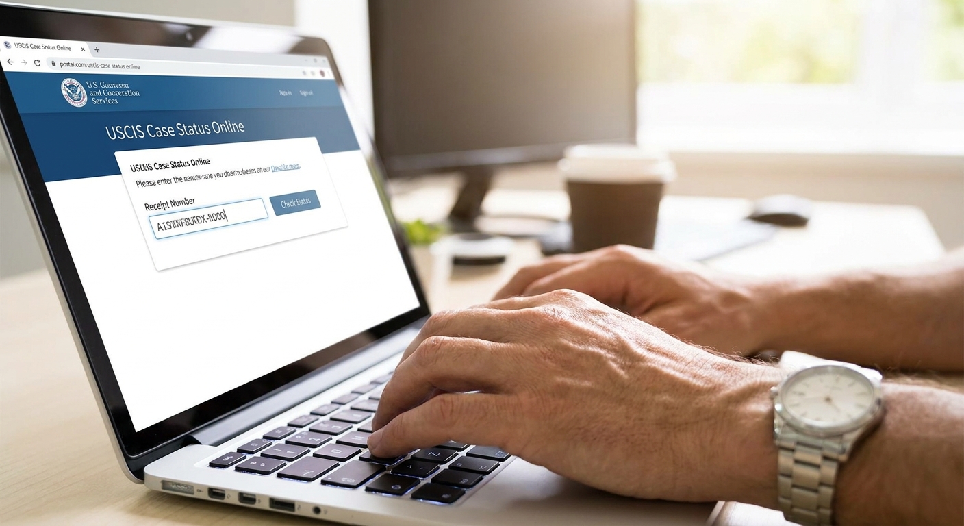 Zava Immigration Law Persona revisando el estado de su solicitud de USCIS en un portal en línea.