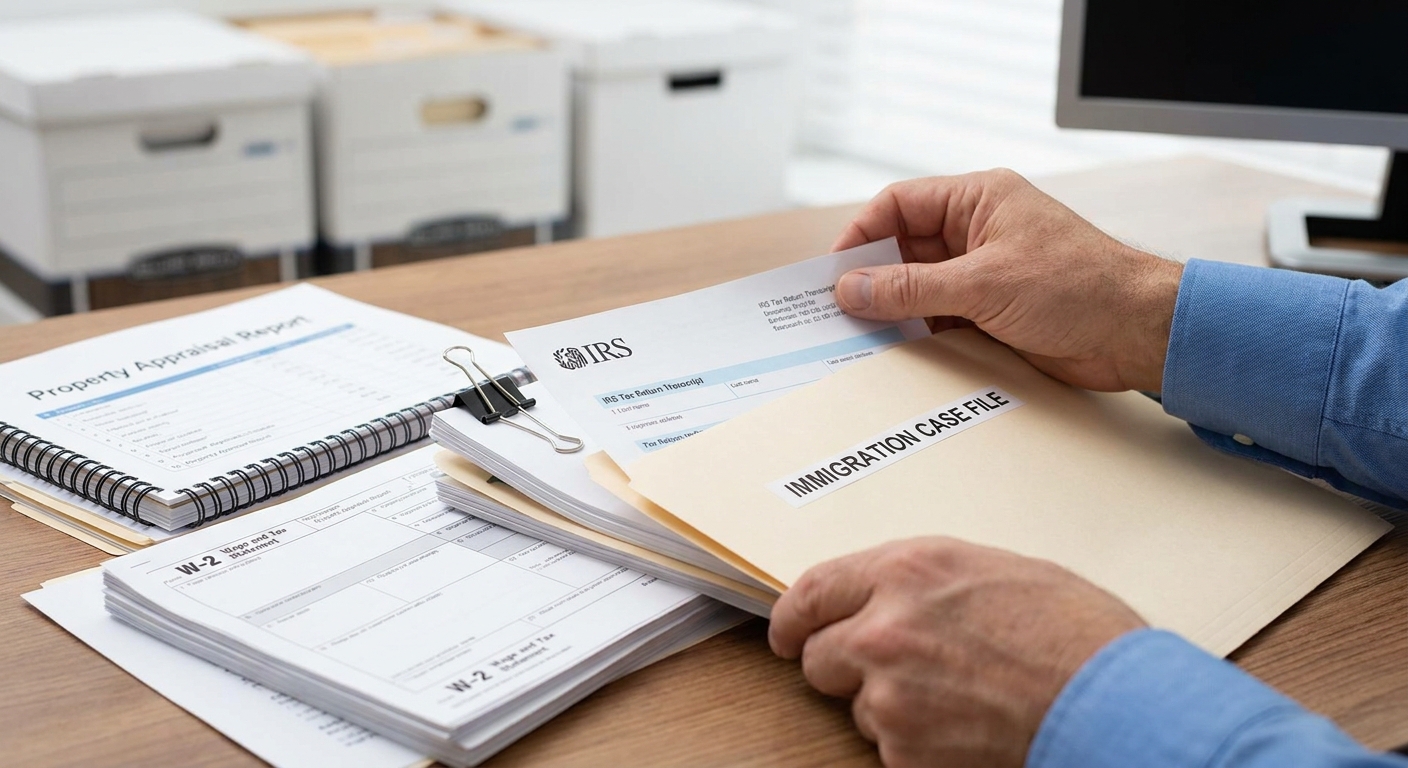 Zava Immigration Law Persona organizando transcripciones de impuestos del IRS y formularios W2 en una carpeta oficial de documentos migratorios.