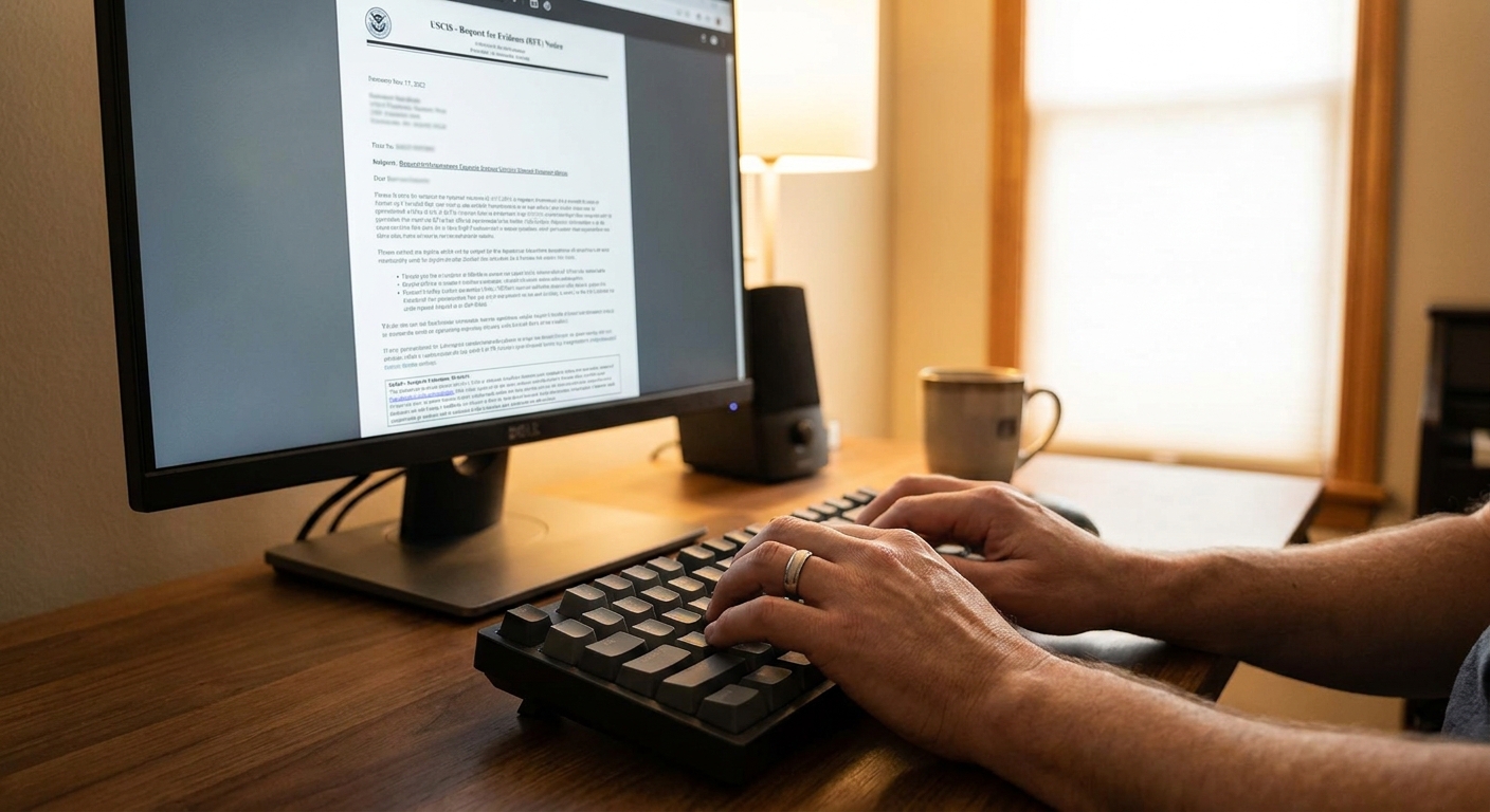 Zava Immigration Law Person responding to a USCIS Request for Evidence notice on a computer.