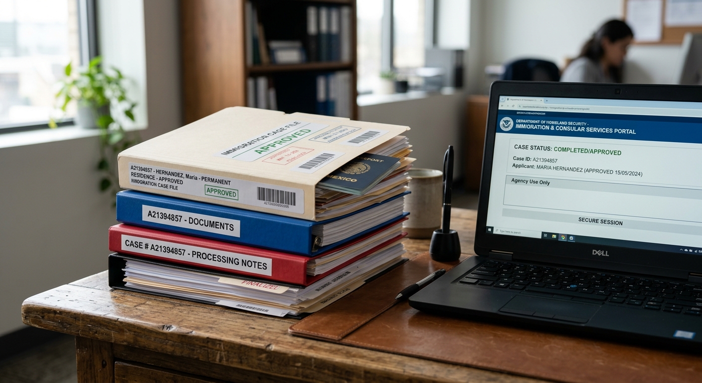 Zava Immigration Law A well-prepared adjustment of status residency application folder lying next to a laptop.