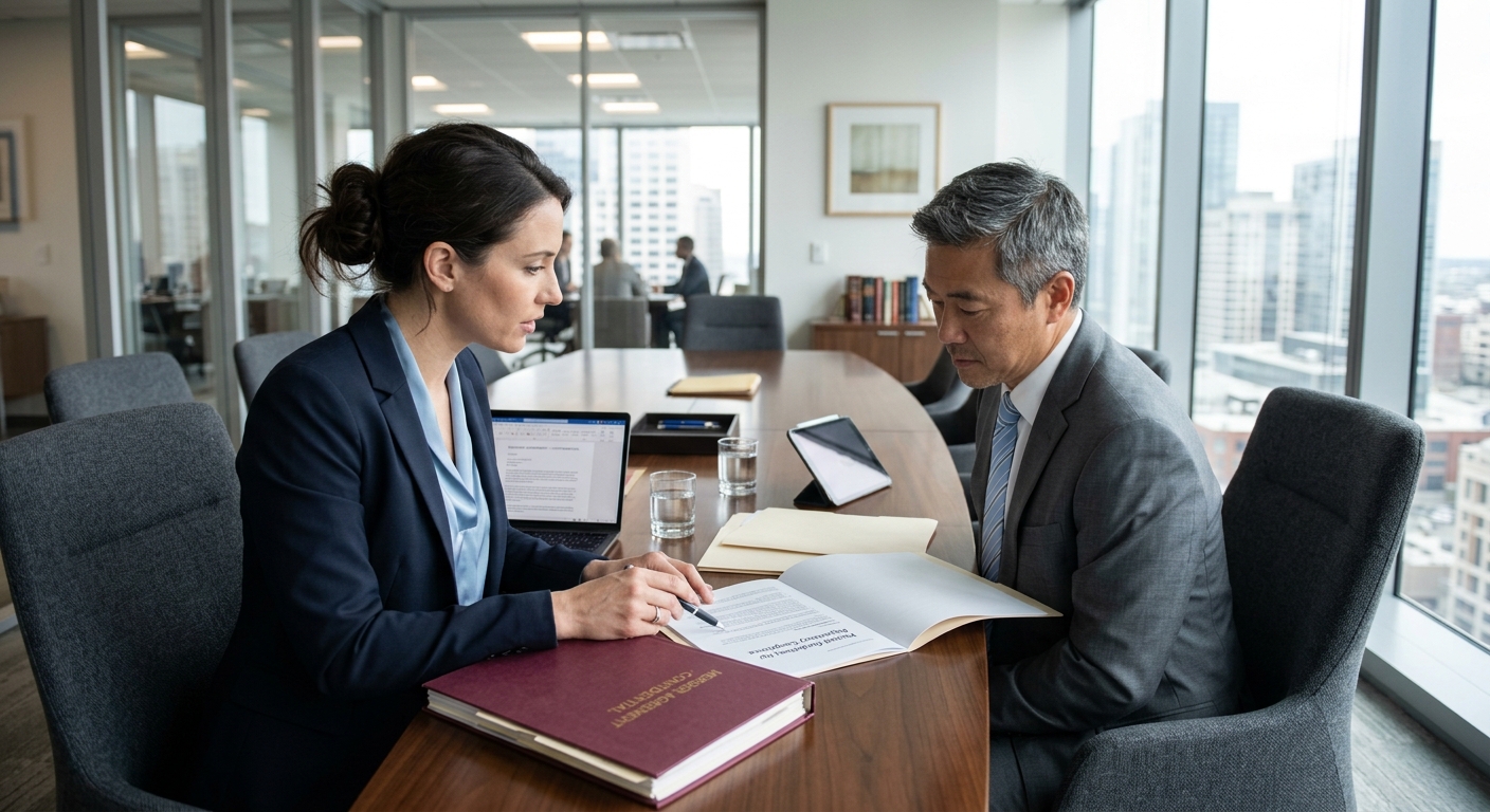 Zava Immigration Law An attorney and client reviewing legal representation documents in a modern office.