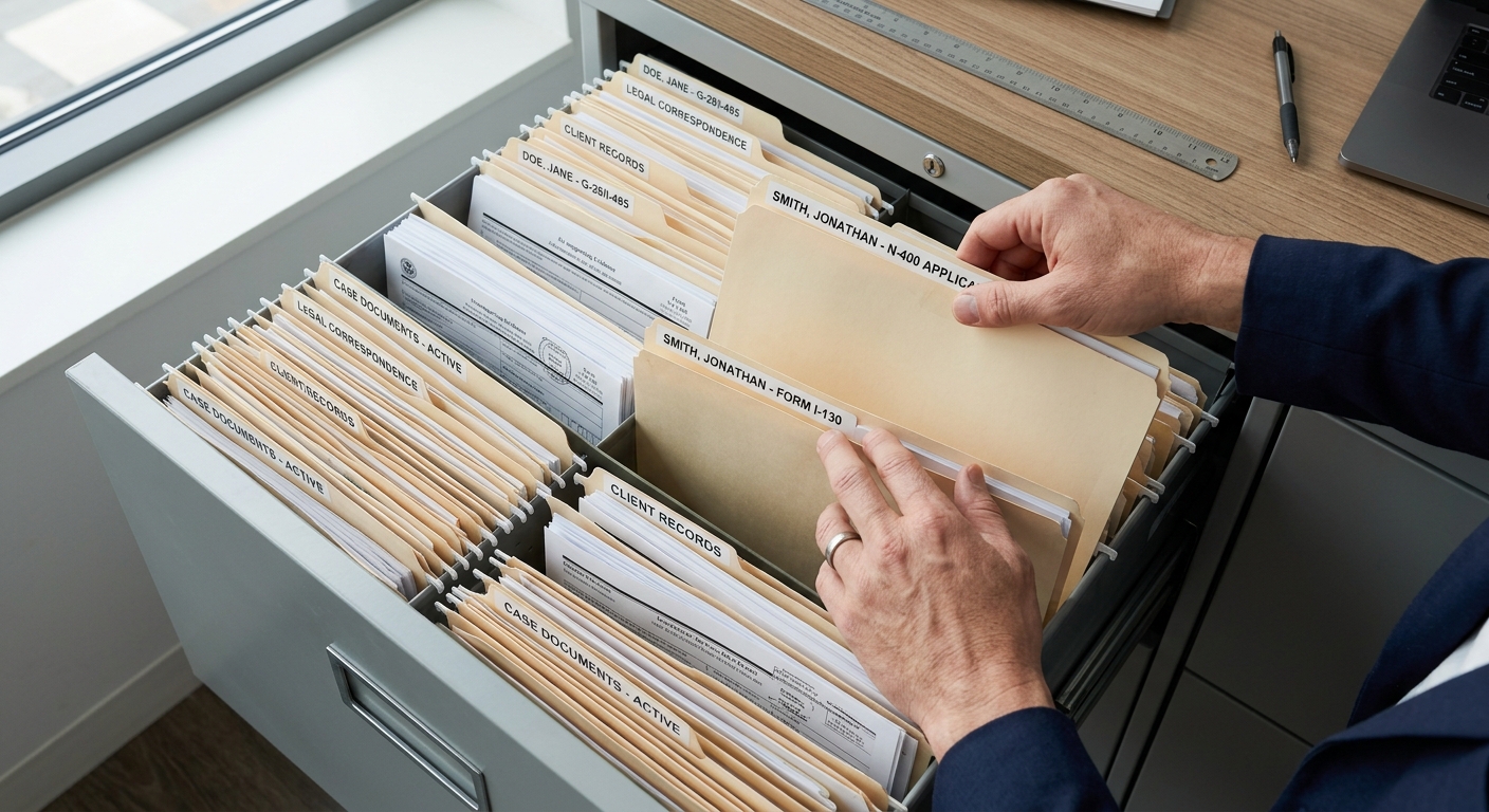 Zava Immigration Law Hands organizing official files and folders in a legal administrative workflow.