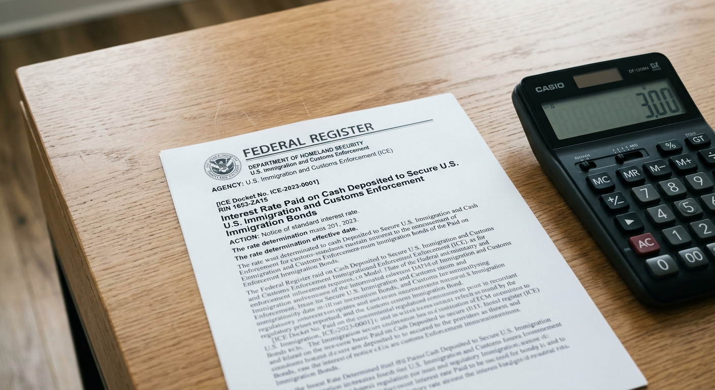 An official Federal Register document on a desk detailing the ICE immigration bond interest rate of three percent next to a modern calculator.