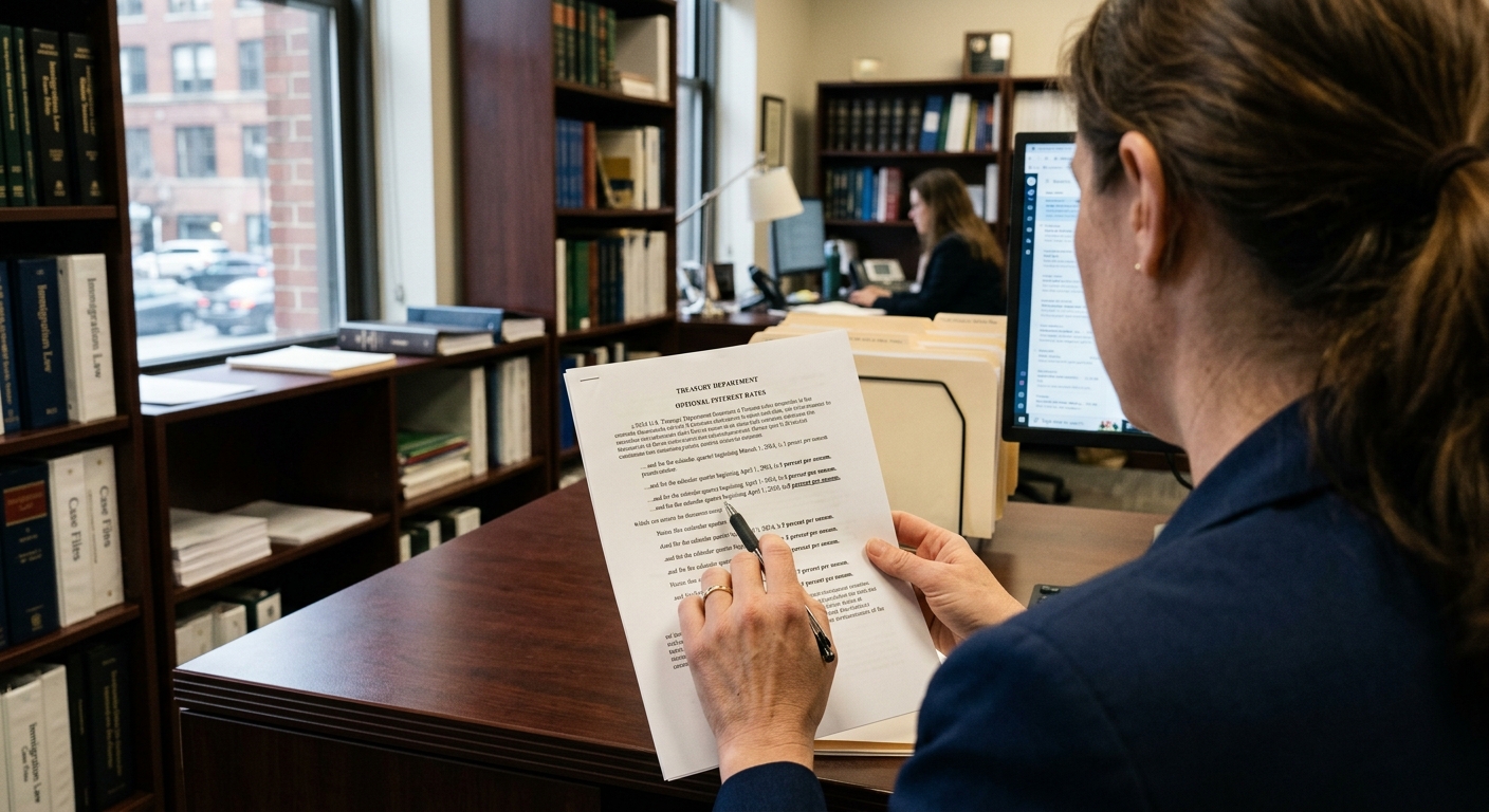 Zava Immigration Law An immigration lawyer reviewing Treasury Department interest rate documents in a professional office.