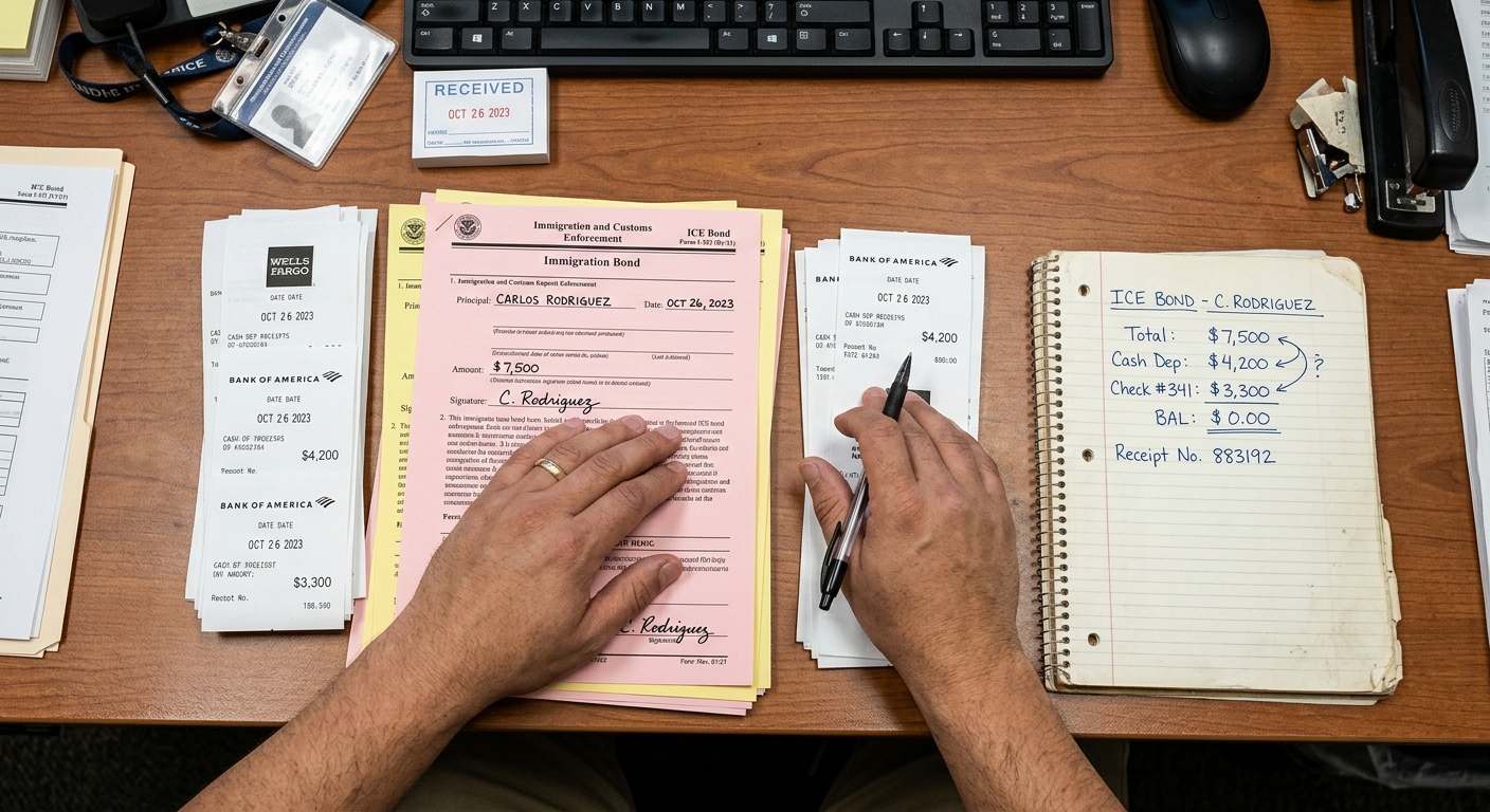 Zava Immigration Law A person organizing cash deposits and official bond documents on an office desk.