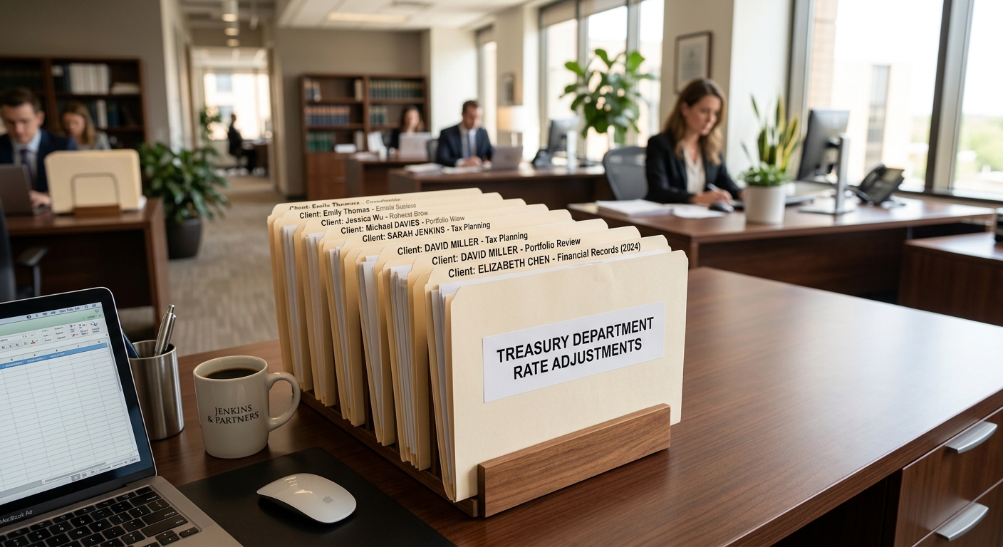 Zava Immigration Law Manila folders labeled with financial rate updates on a wooden desk in a law office.