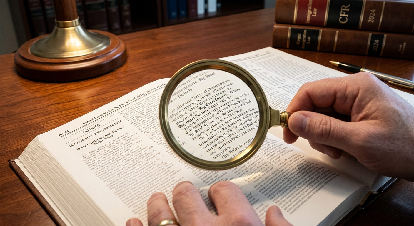 An open official Federal Register document on a wooden desk highlighting details about border barrier statutory waivers for construction in Texas.