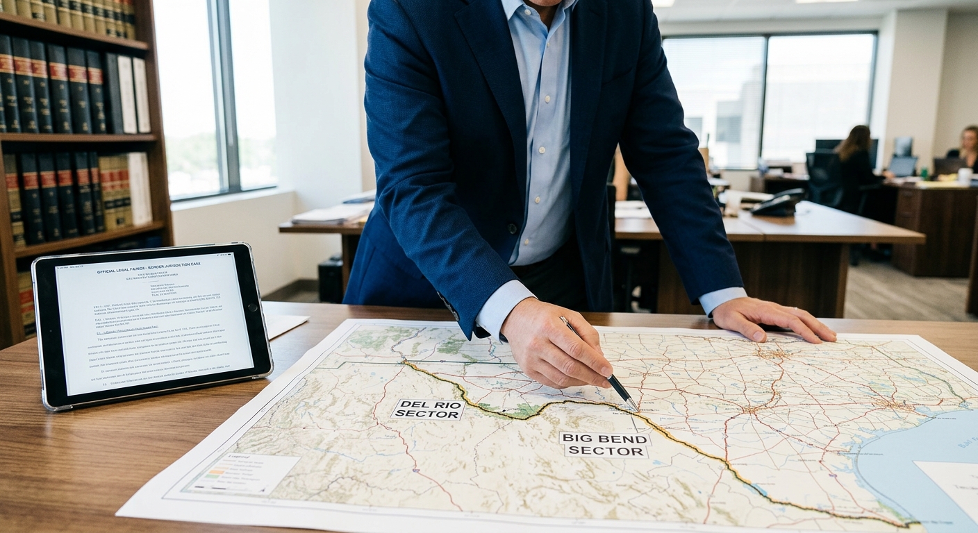 Zava Immigration Law A lawyer in a modern office analyzing Texas regional maps and legal documents.