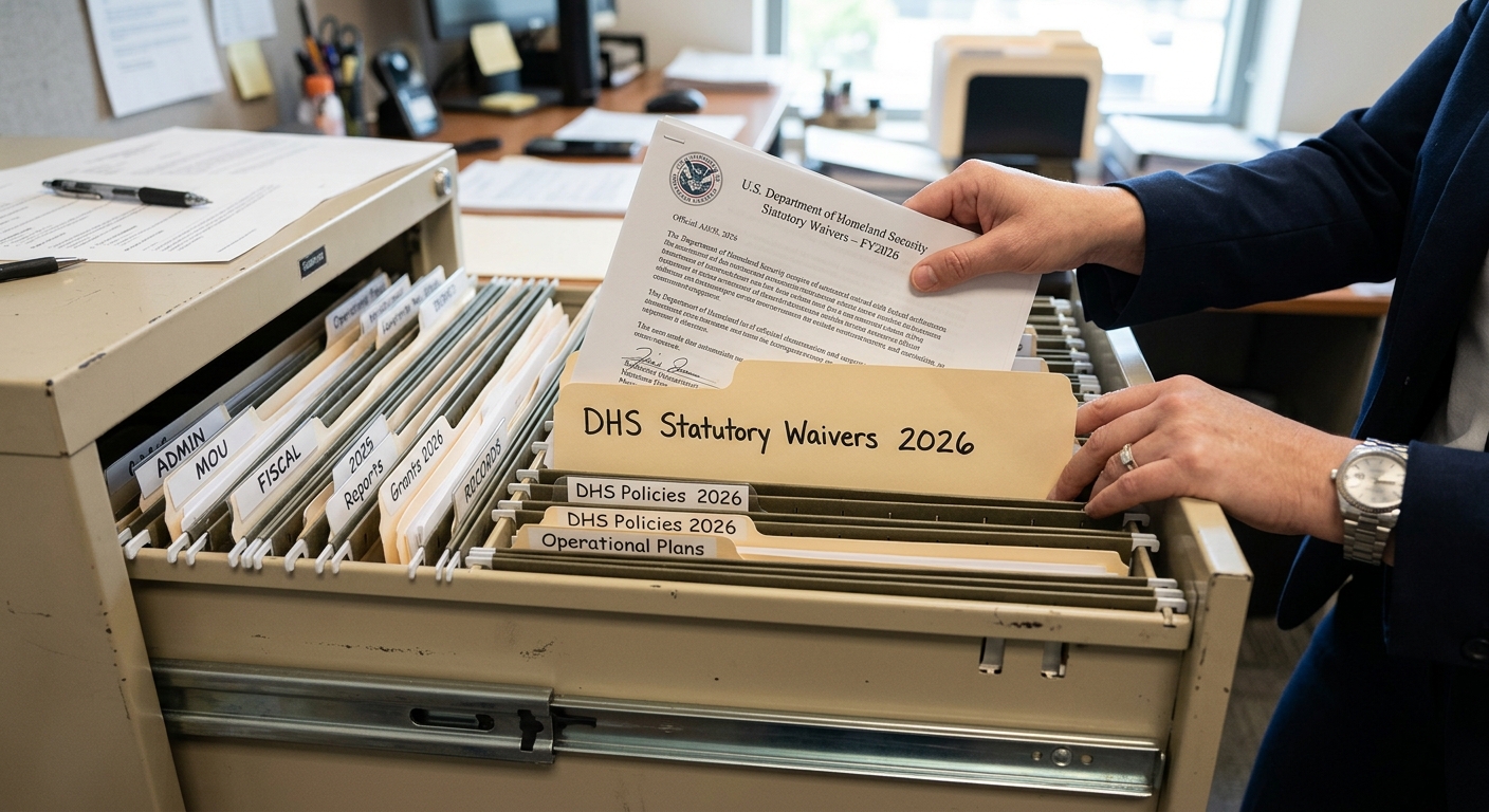 Zava Immigration Law Hands organizing official Department of Homeland Security determination documents in a metal cabinet.