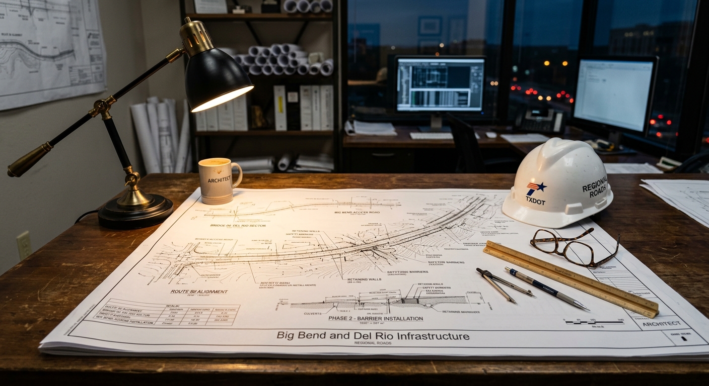 Zava Immigration Law A construction blueprint of Texas border infrastructure projects next to a white hard hat.