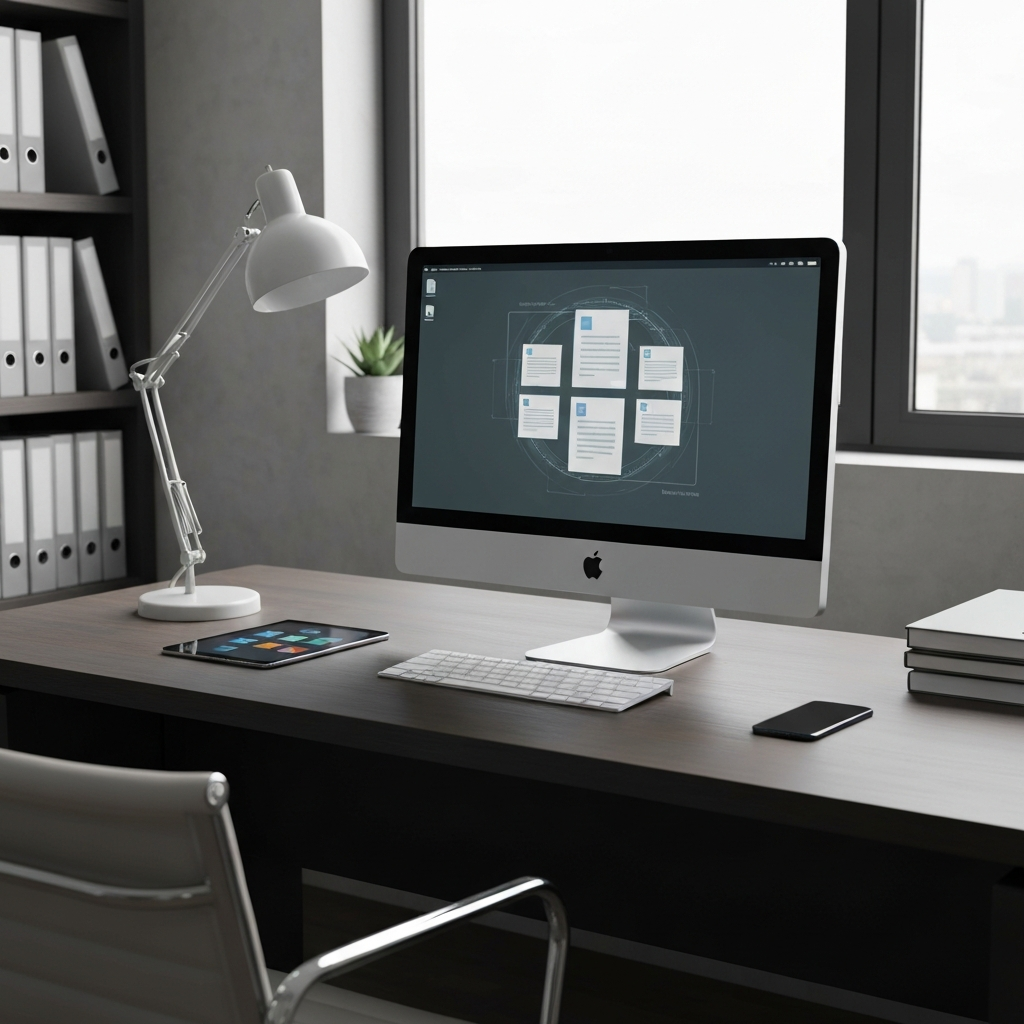 Un escritorio limpio con un monitor de computadora y una tableta que muestran íconos de documentos digitales