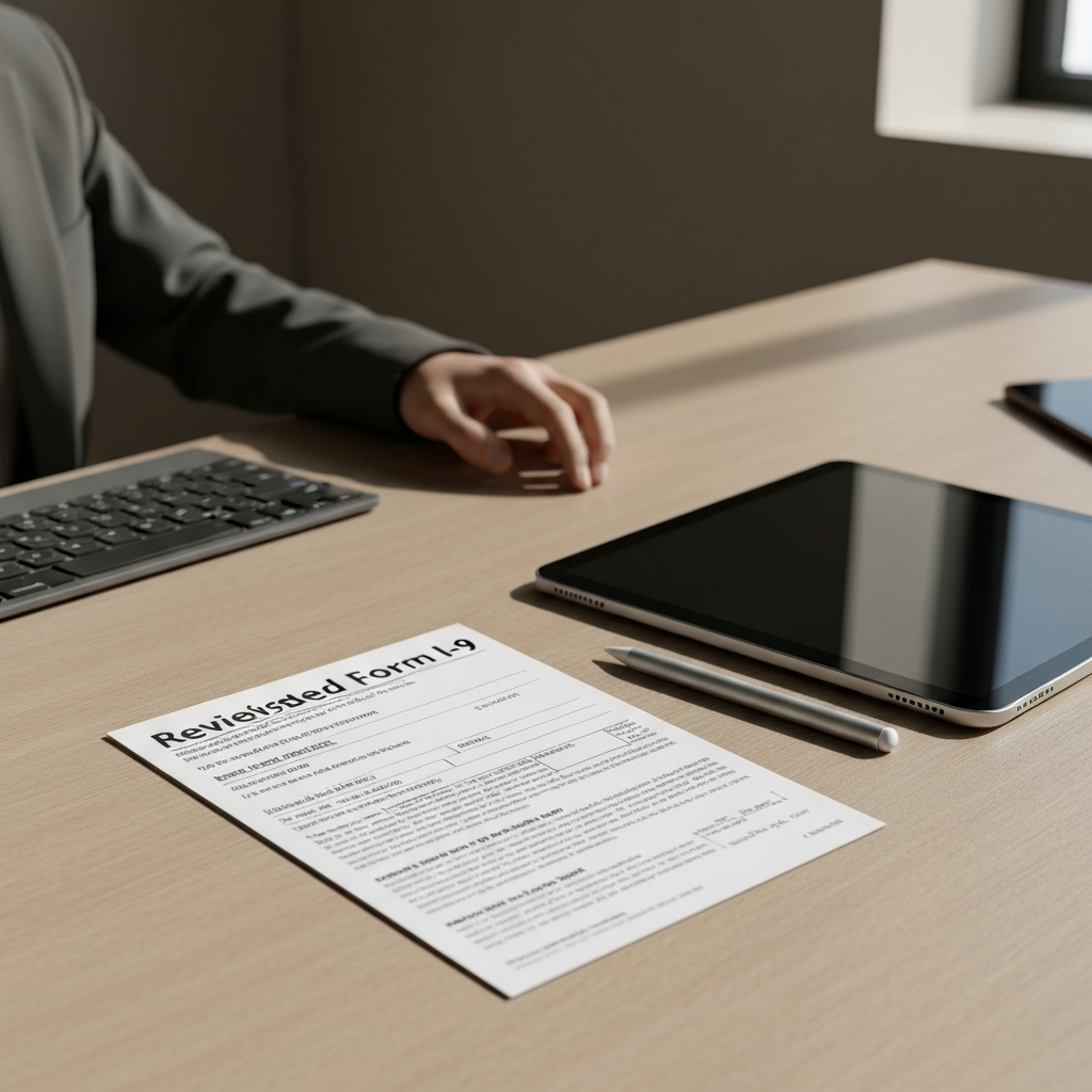 A clean modern workspace displaying the new Form I-9 2026 update documents for employment eligibility verification.