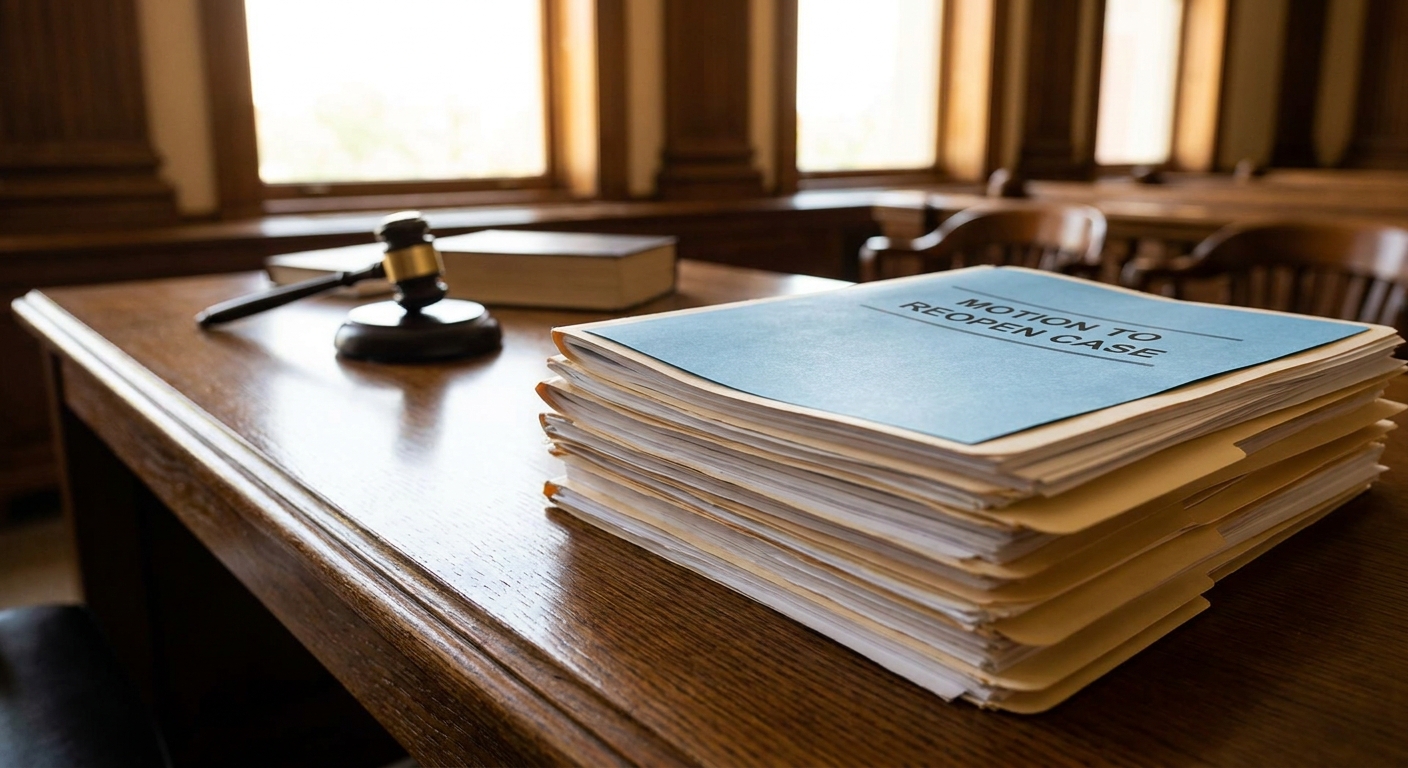A formal stack of legal documents including a motion to reopen immigration court on a judge's bench.