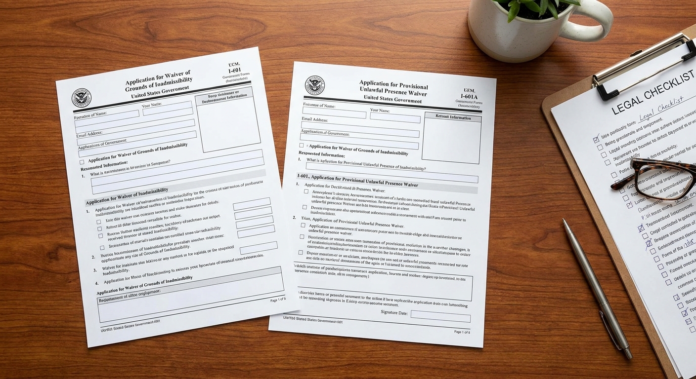 A side-by-side comparison of different i 601 waiver forms and a detailed checklist on a desk.