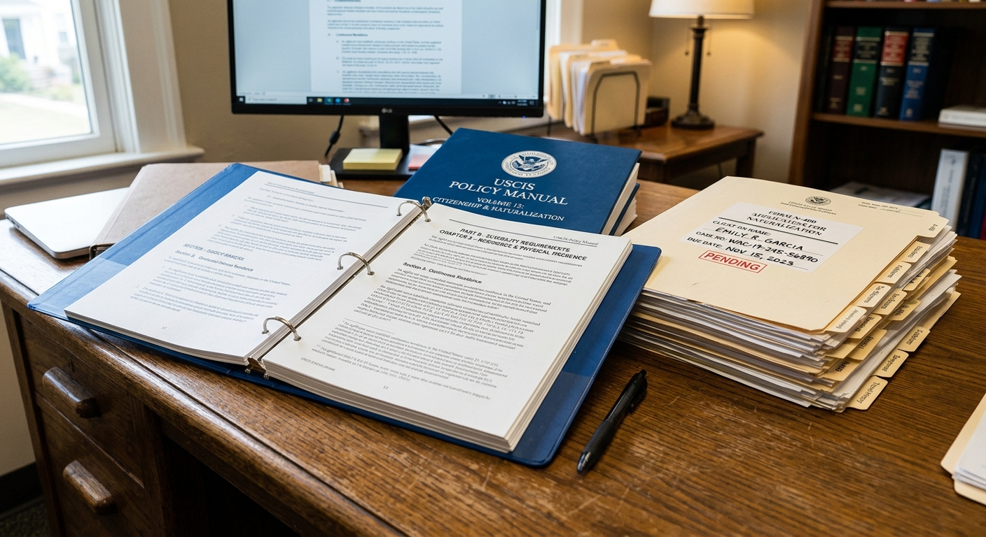An open USCIS Policy Manual on a desk, representing the policy change regarding USCIS neighborhood investigations.