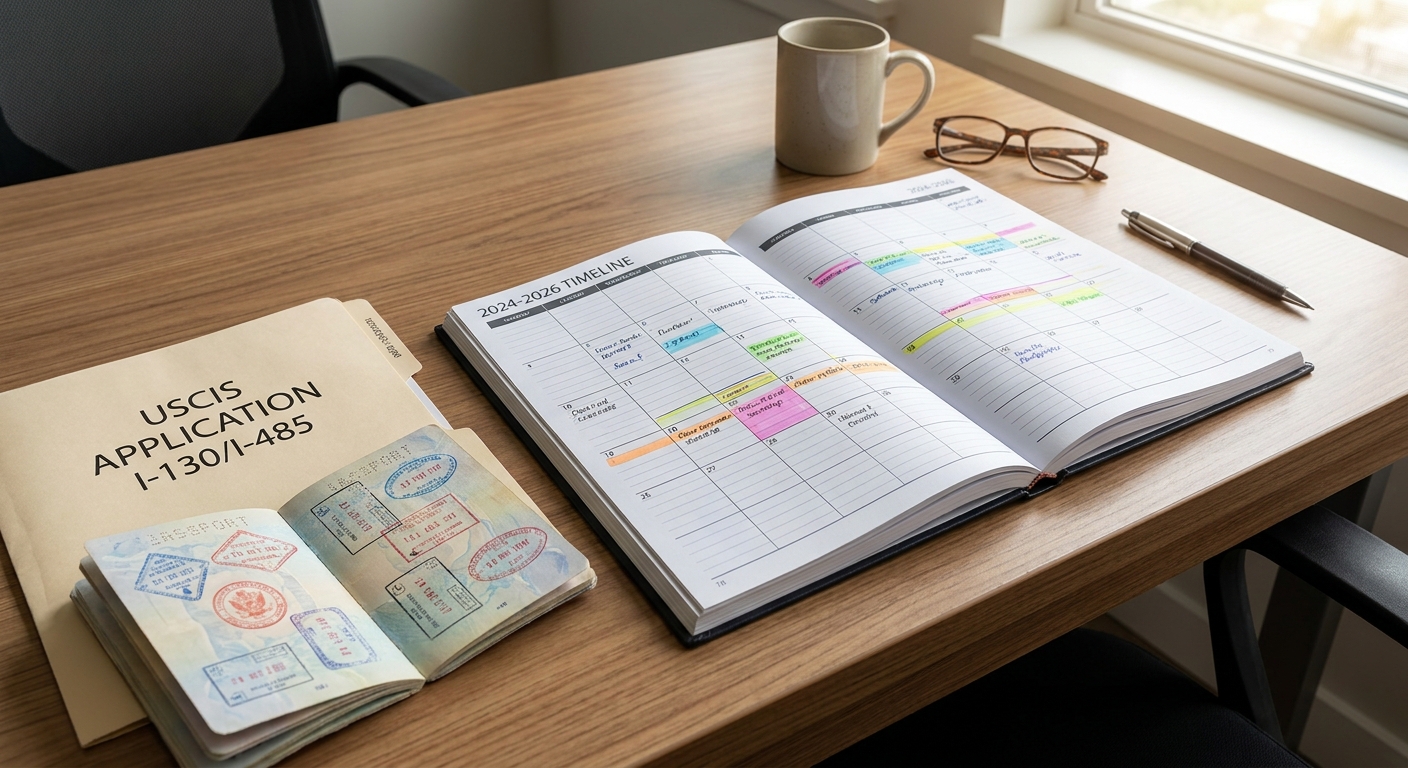 An organized desk with a calendar tracking dates and a passport for the u visa to green card application process.