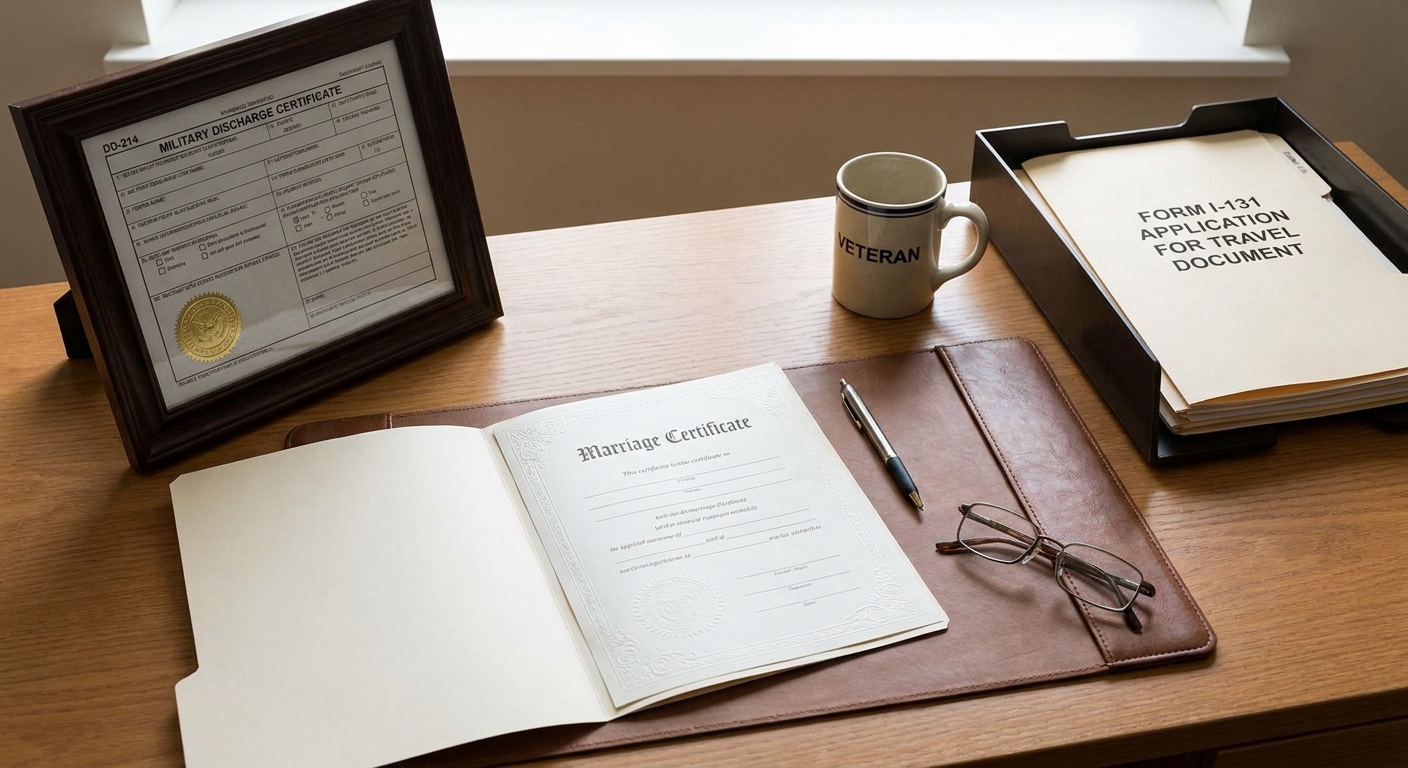 An organized desk with a DD-214 document and marriage certificate supporting a parole in place military application.
