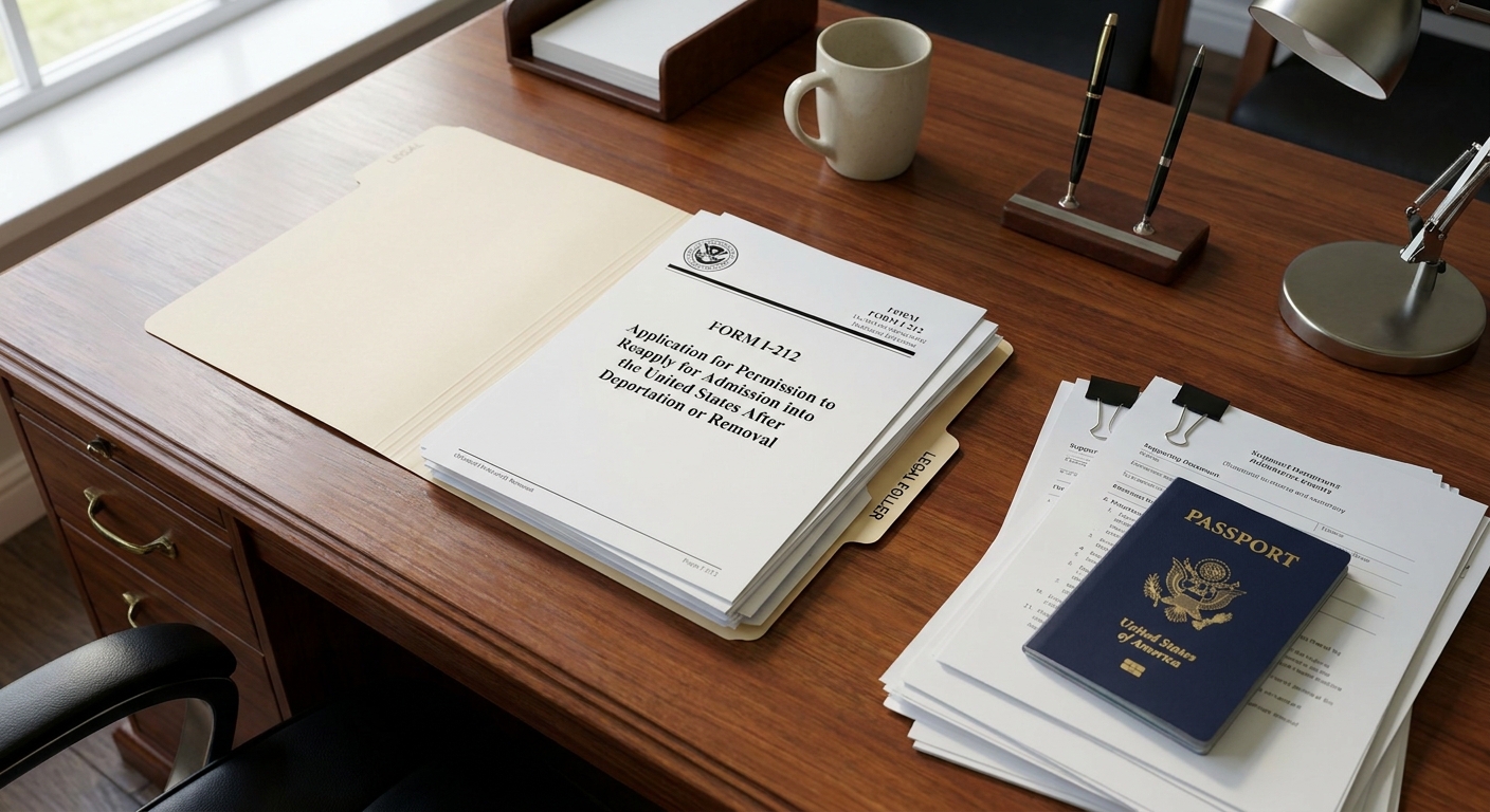 An organized legal folder containing an i 212 waiver application form and supporting evidence on a professional desk.