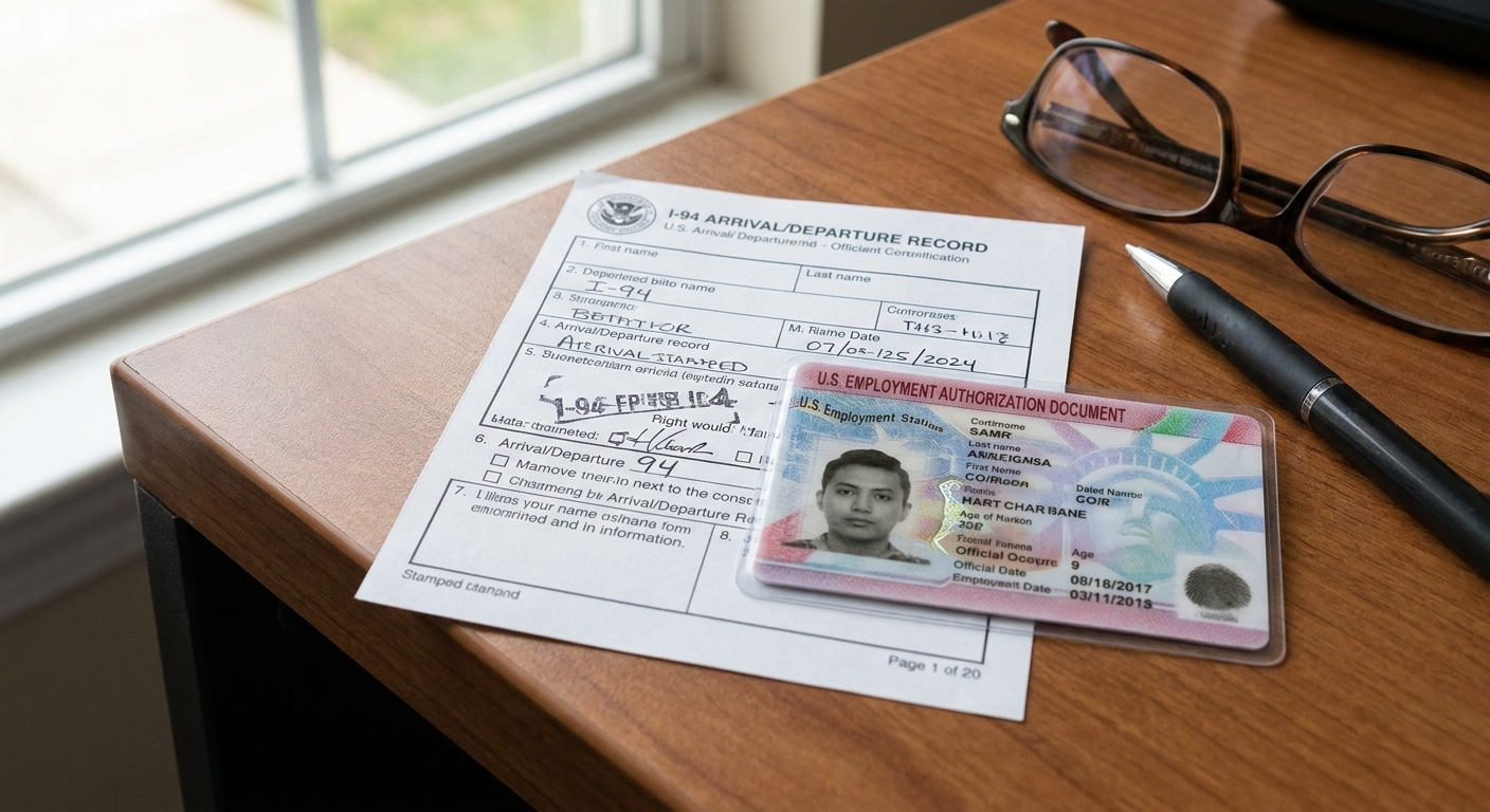 Zava Immigration Law Registro de llegada I-94 aprobado y un permiso de trabajo sobre una superficie de madera.
