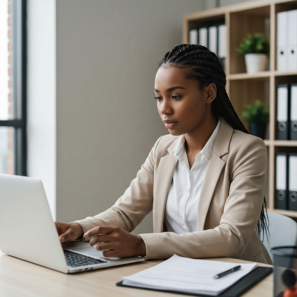 Zava Immigration Law Business owner reviewing digital employee verification records in a modern hybrid office environment.