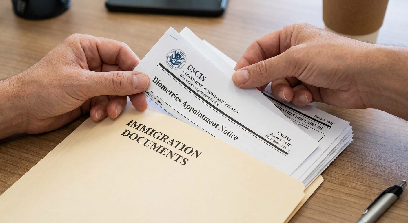 Zava Immigration Law Manos organizando una notificación de cita de datos biométricos y formularios de USCIS en una carpeta de documentos.