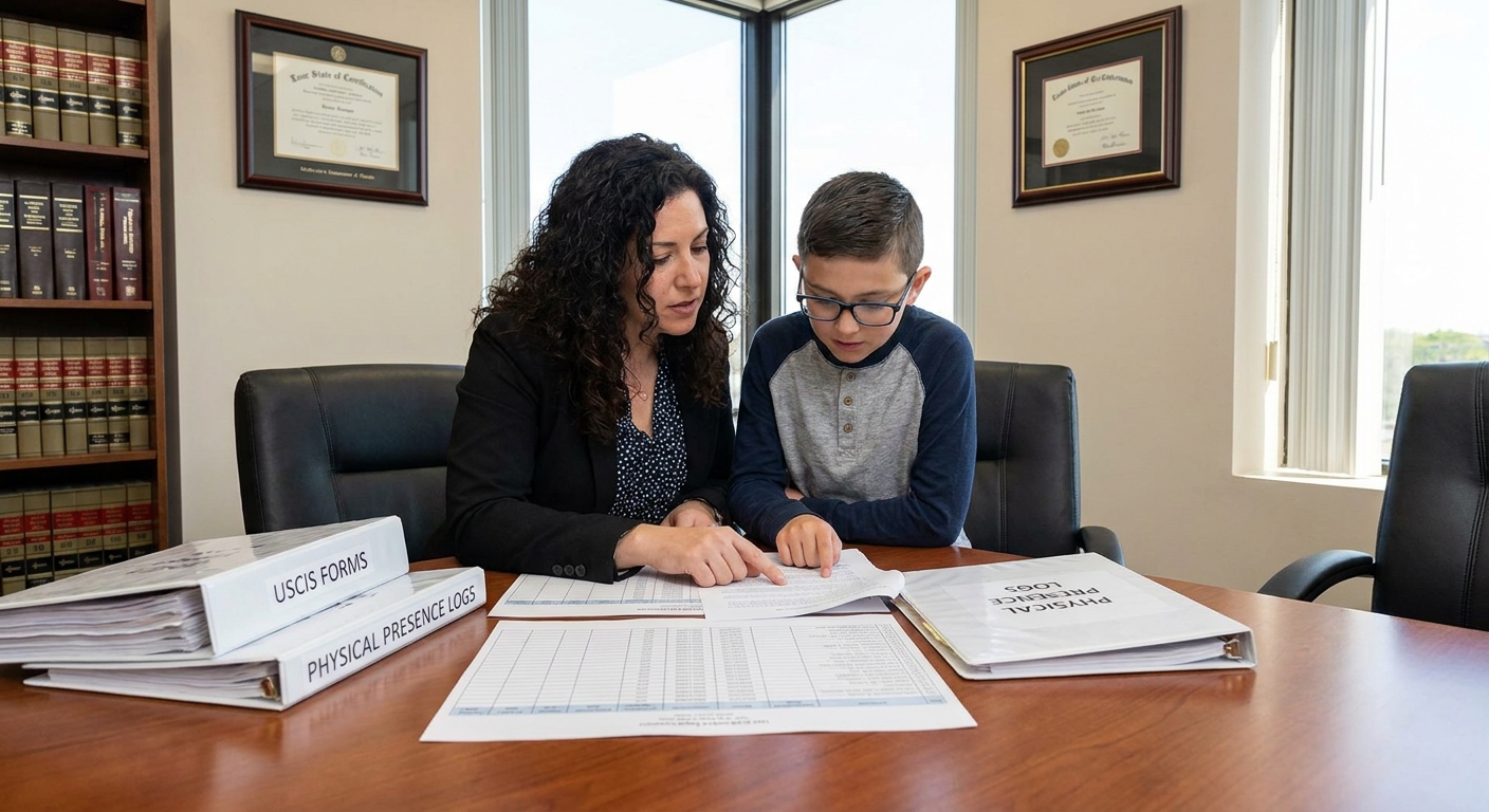 Zava Immigration Law A U nonimmigrant and a family member reviewing physical presence records at a legal office desk.