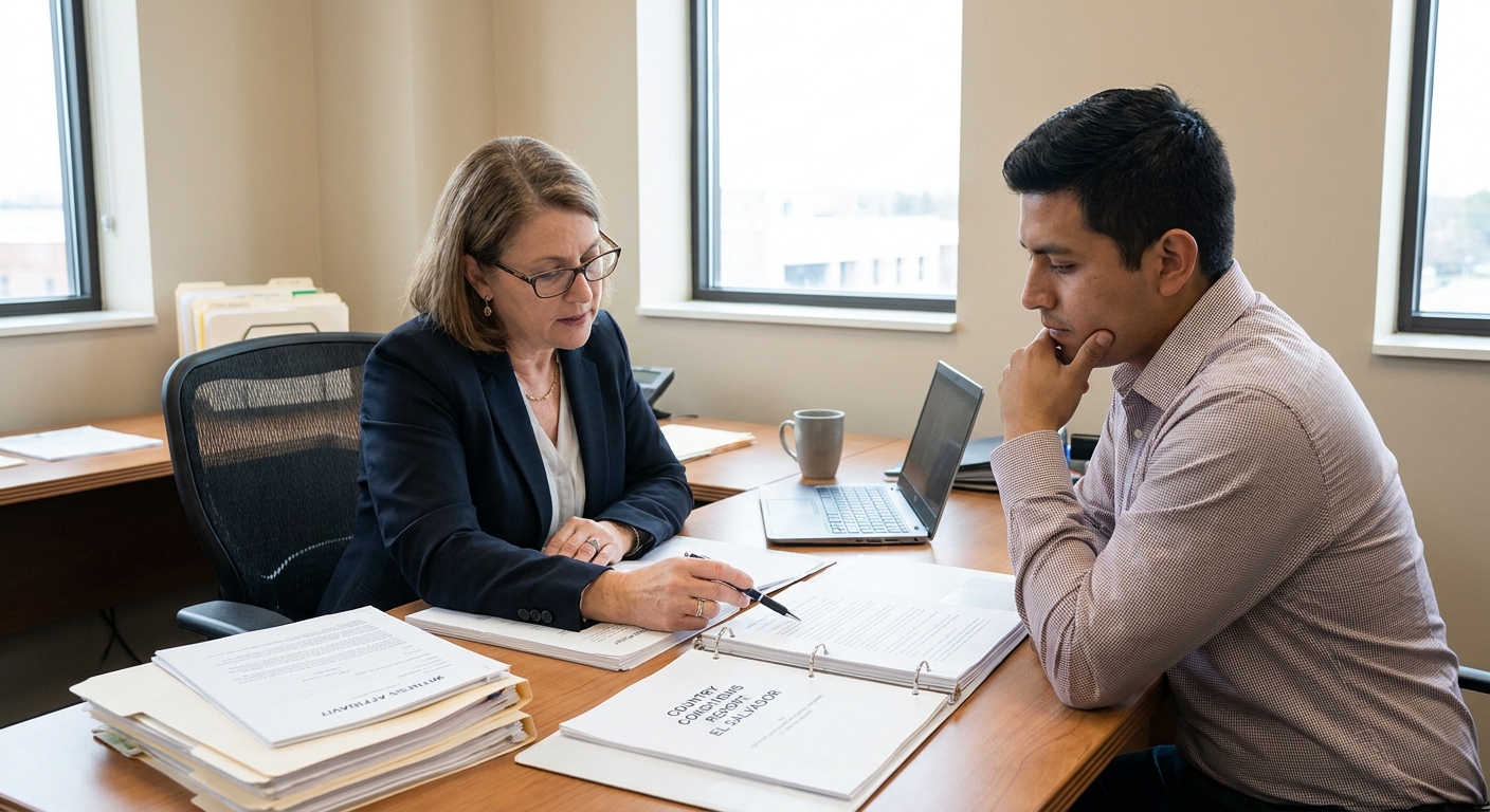 Zava Immigration Law Immigration attorney and client analyzing new witness affidavits and country reports during a legal consultation.