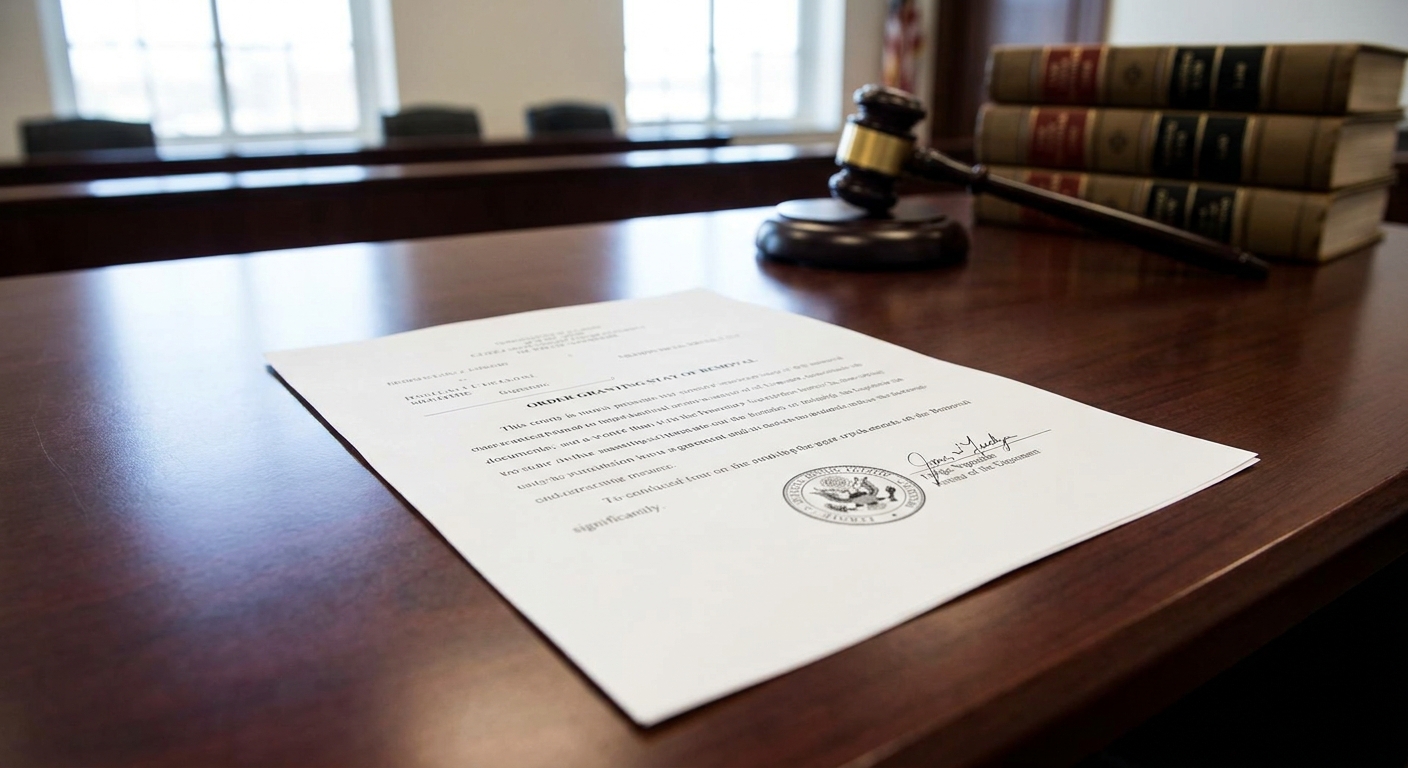 Zava Immigration Law Official written judicial order and Form I-246 regarding a stay of removal on courtroom desk.