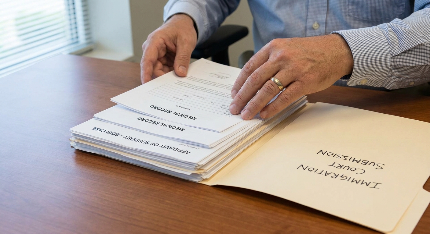 Zava Immigration Law Person organizing medical records and supporting evidence for a filing with the immigration court.