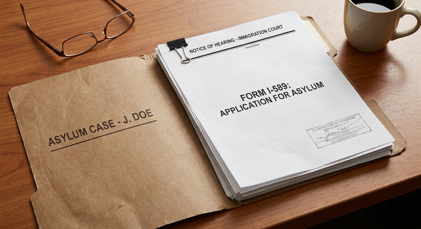Zava Immigration Law Carpeta con las notificaciones de audiencia organizadas para un caso en la corte de inmigración.
