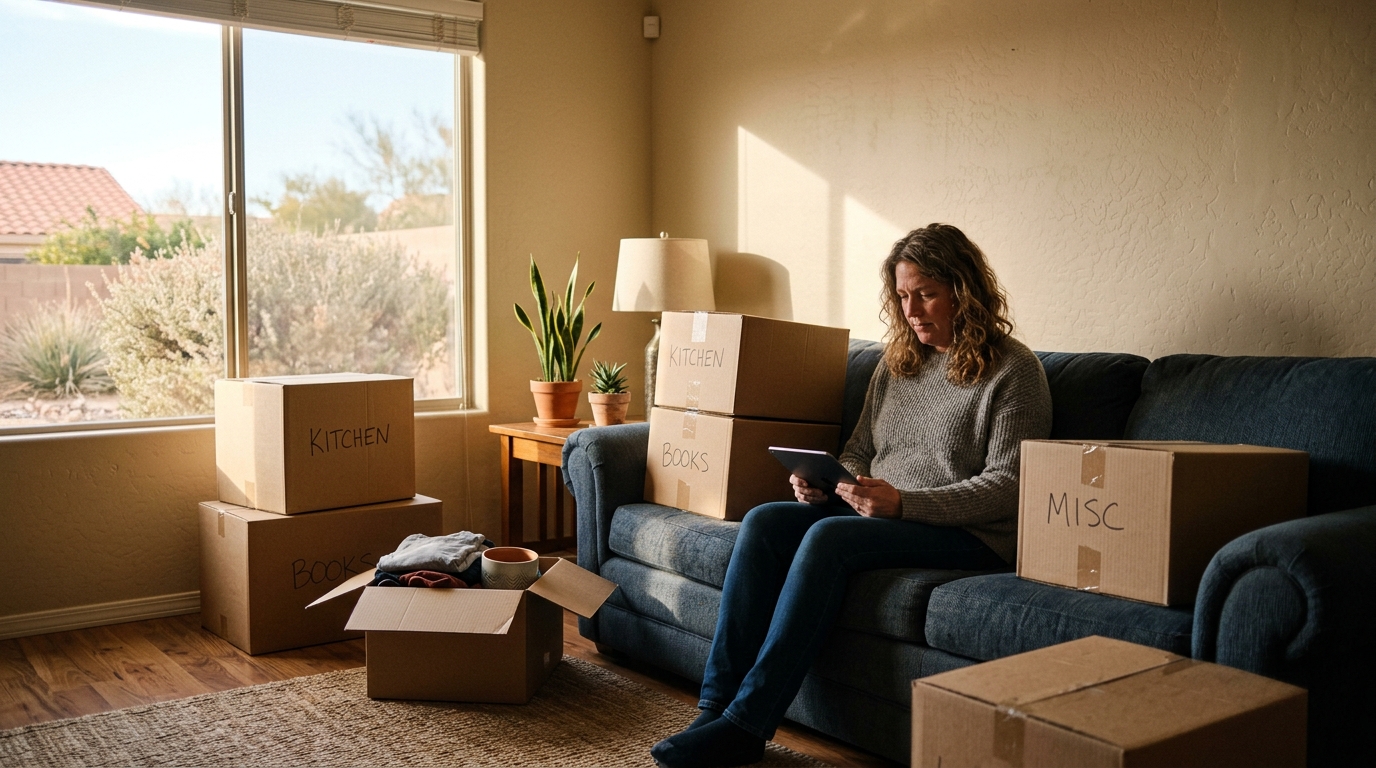 Zava Immigration Law An applicant sits among packed boxes in a sunlit living room.