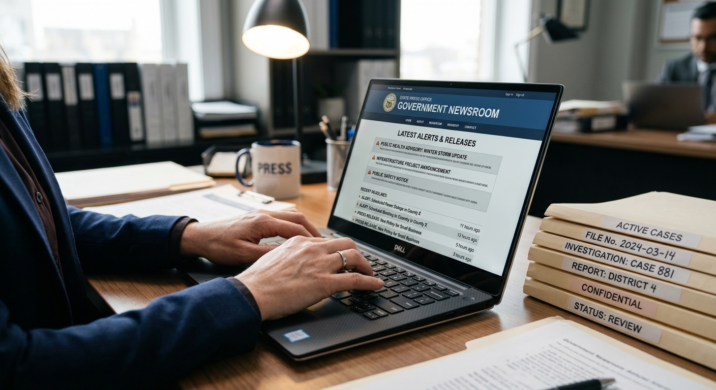 Zava Immigration Law Una persona revisando el portal oficial de alertas gubernamentales en una computadora portátil junto a unos documentos.