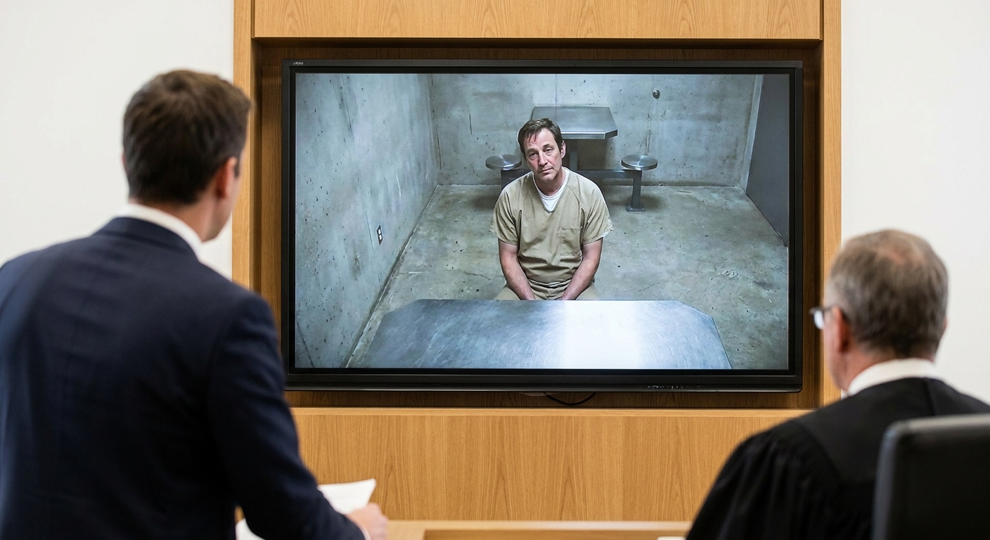 Zava Immigration Law Sala de tribunal administrativo con tecnología de teleconferencia para una audiencia remota de un detenido.