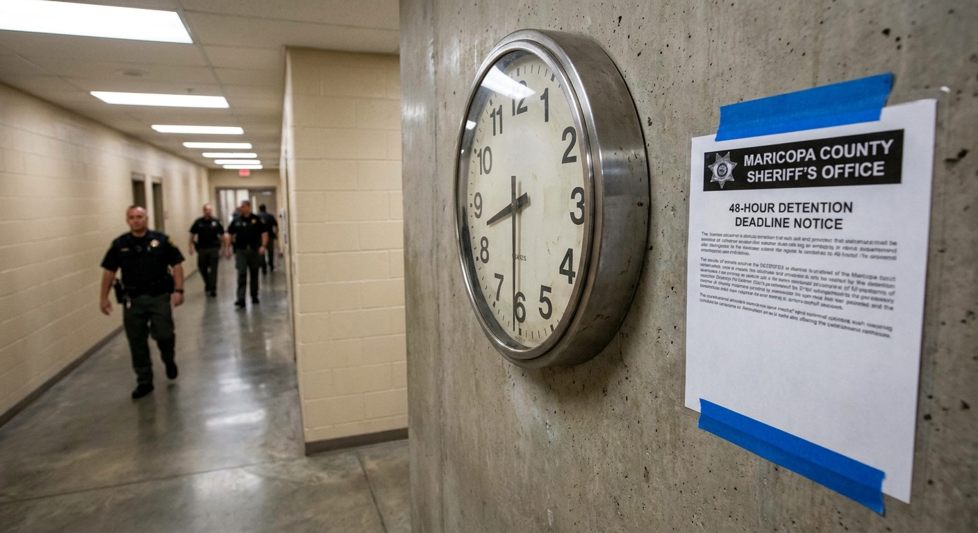 An official notice regarding an immigration detainer next to a clock in a jail hallway.