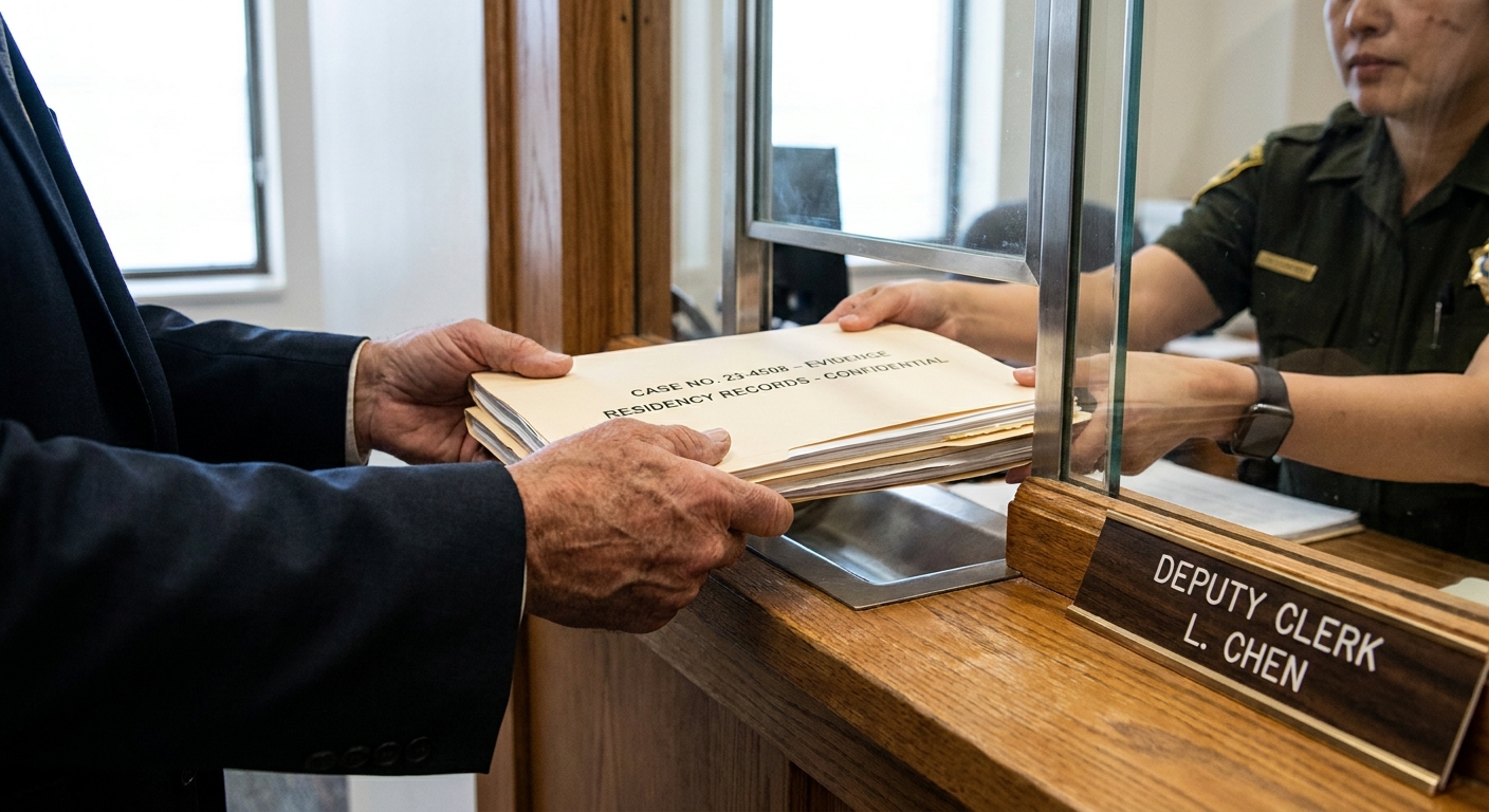 Abogado entregando carpetas de evidencia con registros de empleo y recibos de servicios en una ventanilla judicial.
