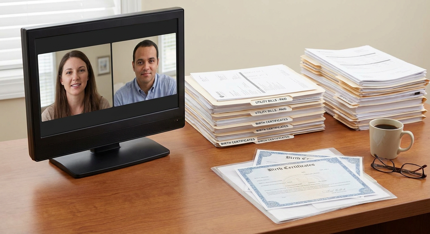 Documentation for an immigration bond hearing including residency proof and tax returns on a professional wooden desk.