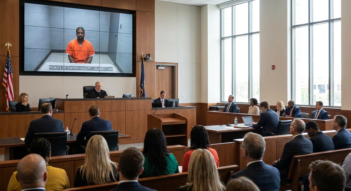 Sala de tribunal vacía con un monitor que muestra el entorno de un centro de detención remoto a través de video.