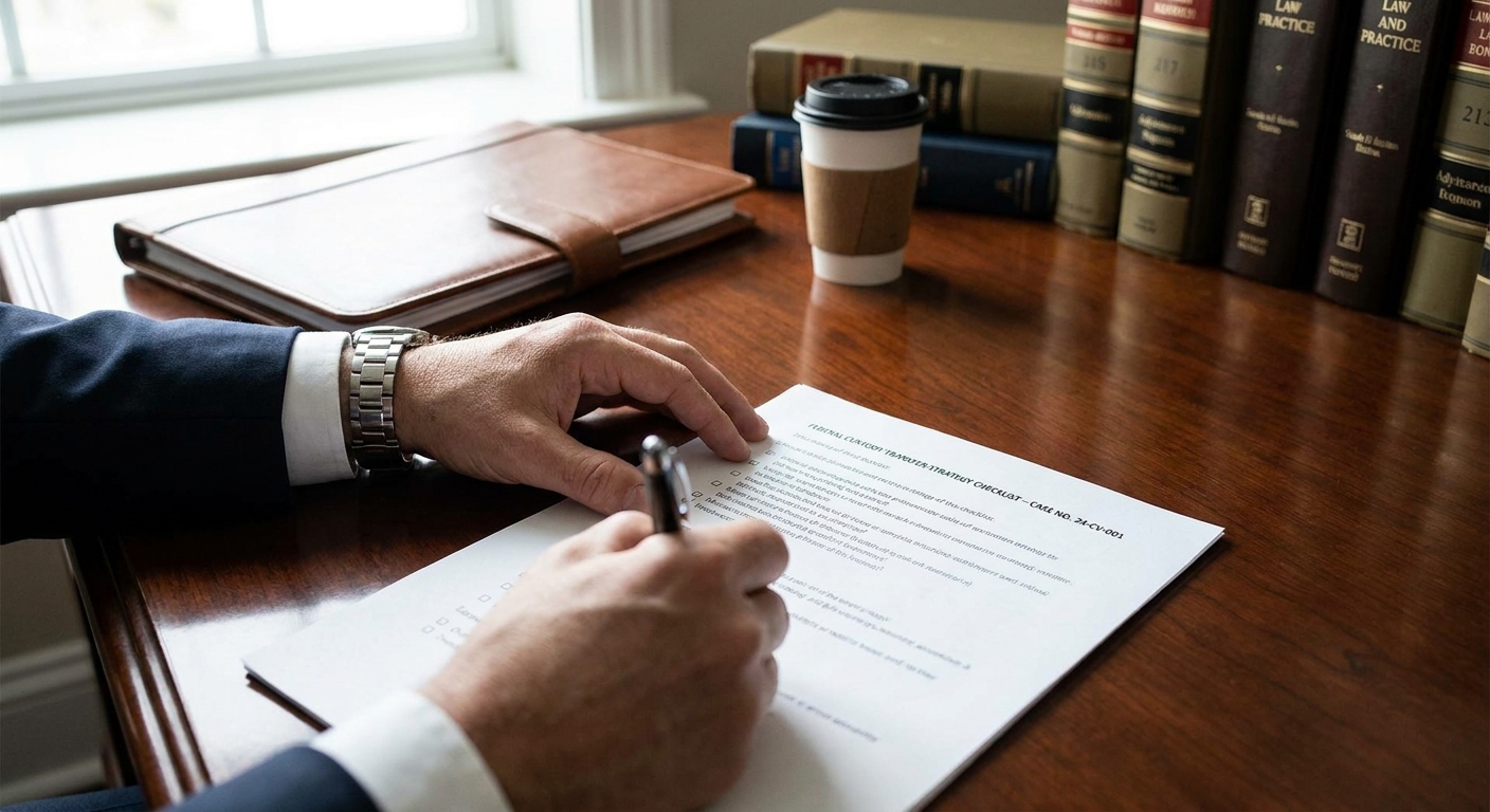 Zava Immigration Law Profesional legal completando una lista de verificación de estrategia para una transferencia de custodia federal pendiente.