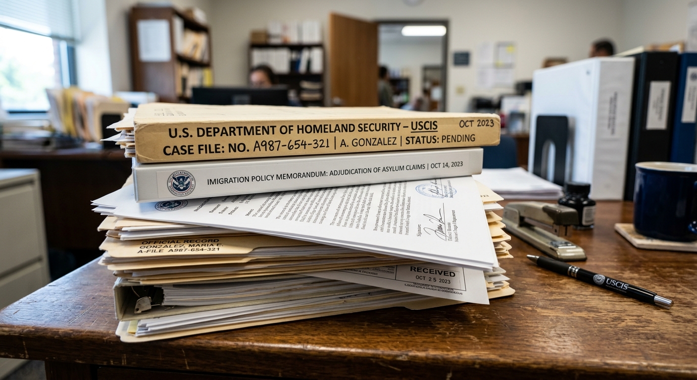 Official policy documents and case files stacked on a desk, representing updates to the USCIS high risk country hold policy.