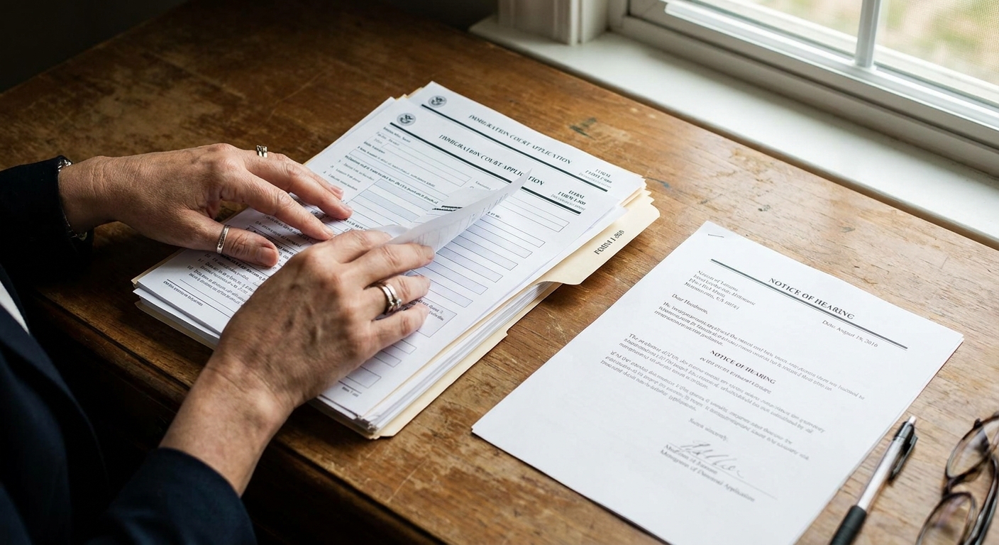 Zava Immigration Law Person reviewing a Master Calendar hearing notice and asylum application forms on a desk.