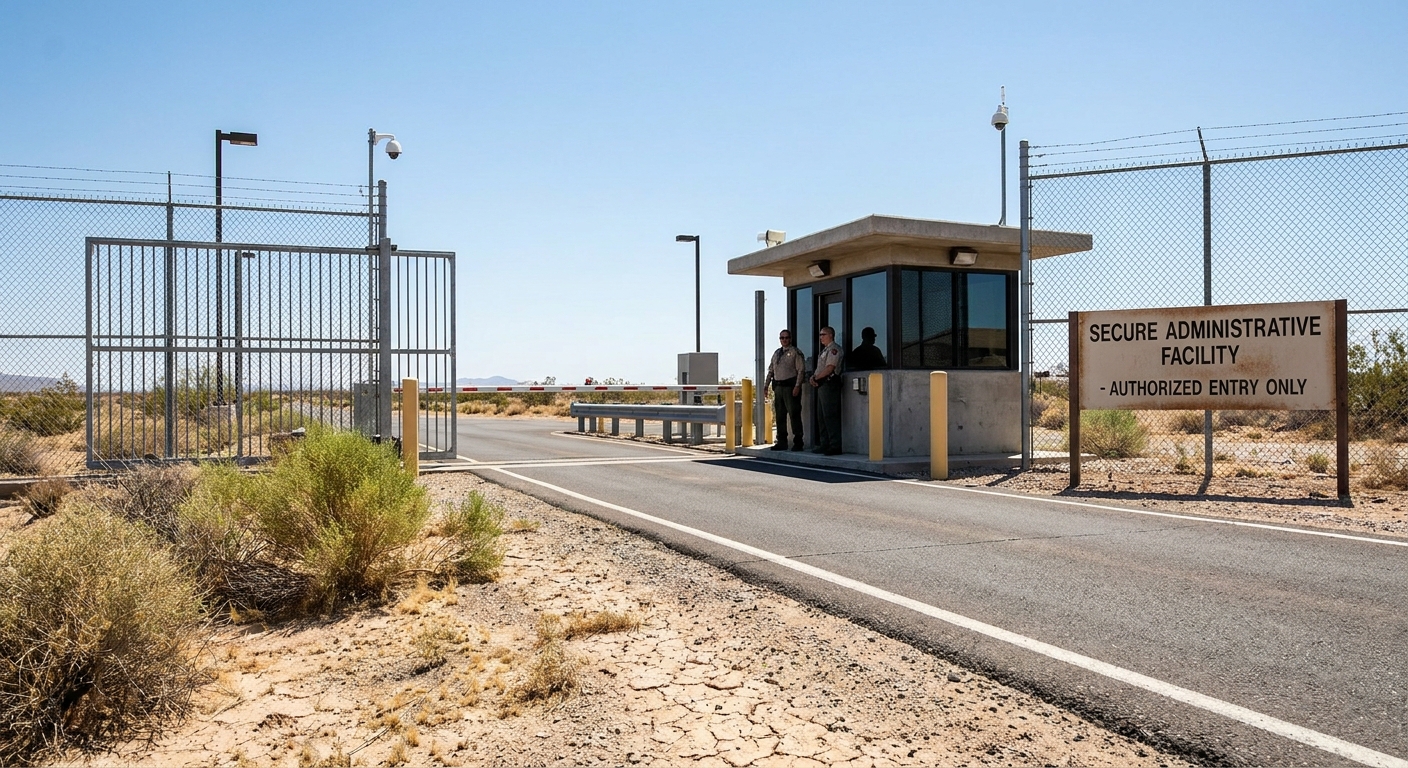 Wide view of the security entrance at the florence immigration court complex under the Arizona sun.