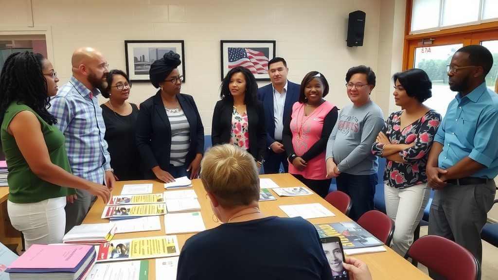 Activists collaborating to strategize ways to protect immigrants, surrounded by tools of advocacy and solidarity.